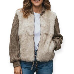 Élan Rabbit Fur Knit Bomber Jacket Sz S Korea 100% French Rabbit Hair Tan Wool